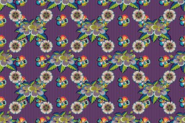 Küçük renkli çiçekler. Motley. Mor, mavi ve gri amber çiçekleri içinde güzel desenler. Bahar çiçeği arkaplanı. Moda baskıları için zarif bir şablon.