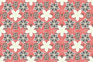 Pembe, bej ve gri renklerde, klasik, pürüzsüz desen. El yazısı raster çiçekler, pullar, anahtarlar..