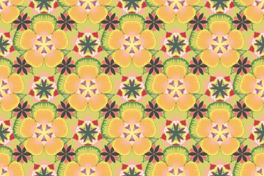 Optik yanılsama. Çiçeklerin bej, sarı ve yeşil renklerdeki kusursuz dokusu. Raster illüstrasyonu iç tasarım, baskı, web ve tekstil tasarımı için iyidir..