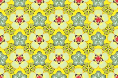 Zarif raster klasik kusursuz desen. Sarı, yeşil ve bej yinelenen çiçek elementleriyle kusursuz soyut doku. Güzel iz..