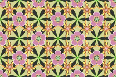 Dekorasyon kumaşı. Güzel, pürüzsüz bir desen. Raster duvar kağıdı tasarımı. Şirin çiçeklerle kusursuz desen. Hediye paketi için gri, pembe ve kahverengi arkaplan.