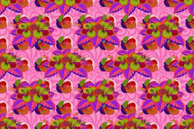 Hawaii Aloha gömleğinin pürüzsüz desenli sarı, pembe ve menekşe renkleri. Raster illüstrasyonu.