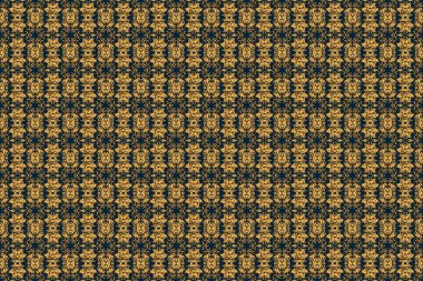 Geleneksel süs arkaplanının pürüzsüz deseni altın dairesel mandala, yıldızlar ve kar taneleri mavi bir zemin üzerinde..