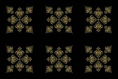 Siyah arka planda pürüzsüz bir iz var. Damask zarif duvar kağıdı. Siyah ve altın renkli klasik tasarım.