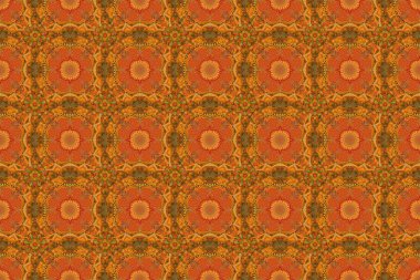 Tasarım, tekstil veya kumaş için yeşil, sarı ve turuncu renklerde raster dikişsiz çiçek deseni. Raster illüstrasyonu.