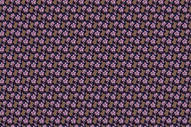 Kumaş tasarımı, elbise, duvar kâğıdı ve kağıt için küçük, hantal çiçekler. Eflatun, pembe ve kahverengi renklerde kusursuz desenli raster yaz baskısı.