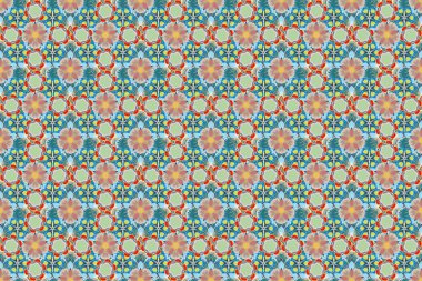 Eski tarz. Stock raster illüstrasyonu. Yeşil, bej ve mavi renklerde kusursuz soyut çiçek deseni.