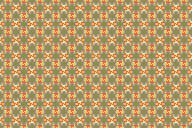 Klasik raster süsü. Bej, yeşil ve turuncu elementlere sahip soyut, kusursuz desen.
