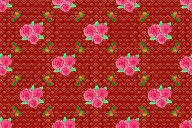 Web sayfaları, düğün davetiyeleri, tekstil, duvar kağıtları için romantik bir geçmiş. Kırmızı arka planda suluboya güller ve yeşil yapraklar pürüzsüz desen.