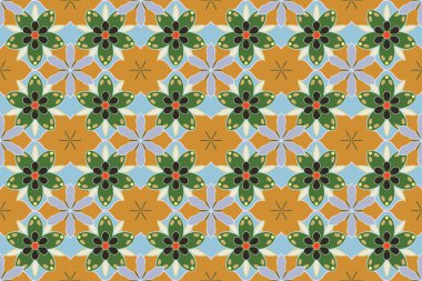 Damask çiçeksiz yeşil, sarı ve mavi renklerde. Raster illüstrasyonu.