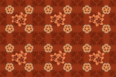 Plumeria çiçekli ipek eşarp kırmızı, kahverengi ve turuncu renklerde. Sonbahar renkleri. 1950-1960 motifleri. El çizimi çiçek unsurları olan soyut, dikişsiz raster deseni. Retro tekstil tasarım koleksiyonu.