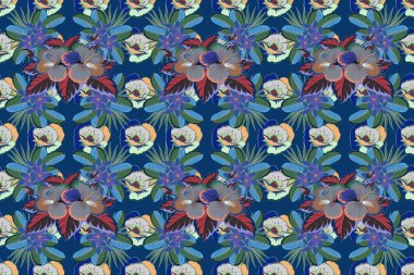 Bahar çiçeği arkaplanı. Küçük renkli çiçekler. Gri, bej ve mavi amberçiçeği desenleri var. Motley pürüzsüz desen. Moda baskıları için zarif bir şablon.