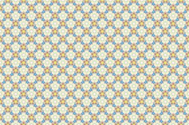 Tekstil, kapak, imalat, duvar kağıtları, baskı, hediye paketi ve yapıştırma kitabı için Raster çiçekleri. Sarı, mavi ve bej renkli küçük çiçeklerin kusursuz deseni.