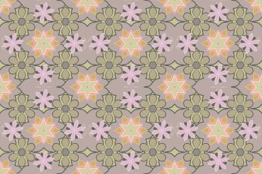 Karalama çizim stili, elle çizilmiş çizim. Çiçekler, yapraklar, dekoratif elementler, sıçramalar, lekeler ve gri, bej ve yeşil renkte damlalar..