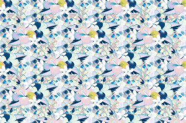 Açan orman, kusursuz amber deseni. Beyaz, mavi ve gri tropikal çiçeklerle kusursuz egzotik desen. Motley raster çizimi.