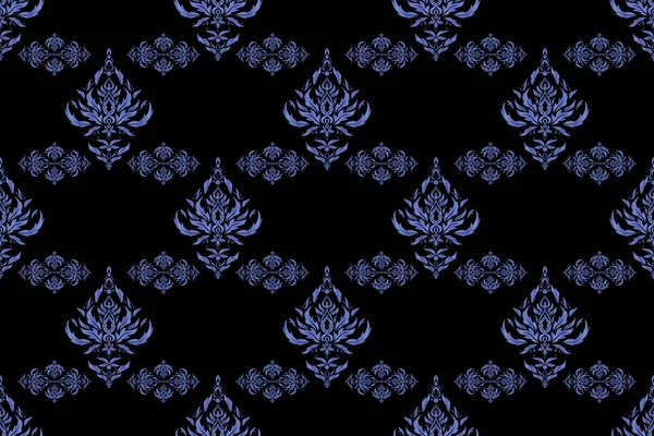 Raster illustration. Royal blue seamless pattern on a black background. Luxury ornament for wallpaper, invitation, wrapping.