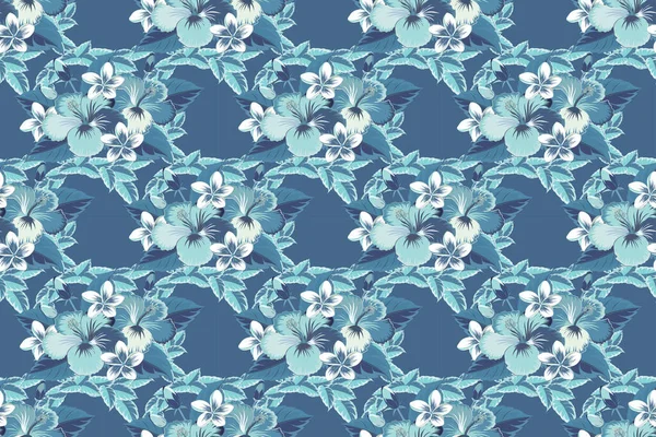Elegant Seamless Pattern Decorative Blue Hibiscus Flowers Raster Floral Pattern — Stock Photo, Image