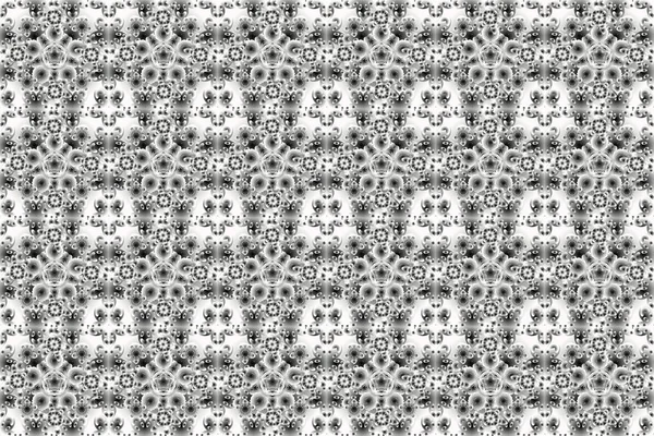 Seamless abstract elements in silver colors on white, gray and black background. Orient background with silver repeating elements. Damask raster classic silver pattern.