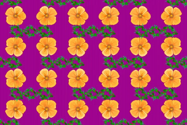 レトロなテキスタイルデザインコレクション 紫色の背景にコスモスの花のシルクスカーフ 1950年代から1960年代のモチーフ 手描きの花の要素を持つ抽象的なシームレスラスターパターン — ストック写真