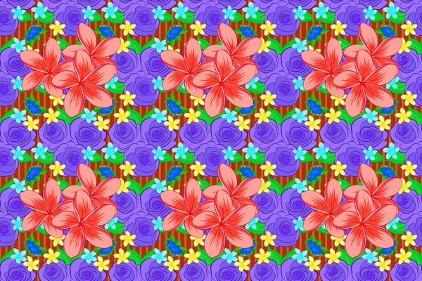 プルメリアの花とシームレスなパターン グラフィックモダンパターン 幾何学的な葉飾り かわいいラスターの背景 バイオレット オレンジ ピンク色のシームレスな花柄 — ストック写真