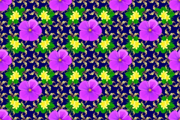 包装のための装飾品 コスモスの花とラスターストライプシームレスパターン 紫と緑の色の花の壁紙 伝統的な東洋のシームレスペイズリーパターン — ストック写真