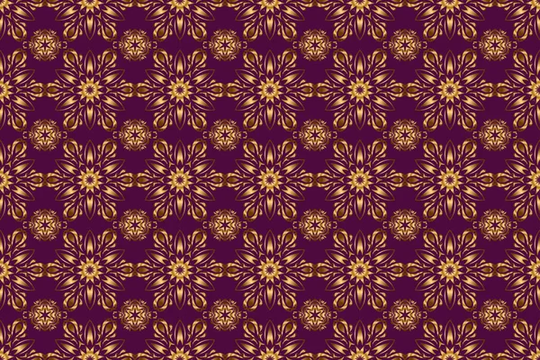 Raster gold ornament on a purple background. Can be used for luxury greeting rich card. Vintage seamless texture. Pattern with golden elements on a purple background.