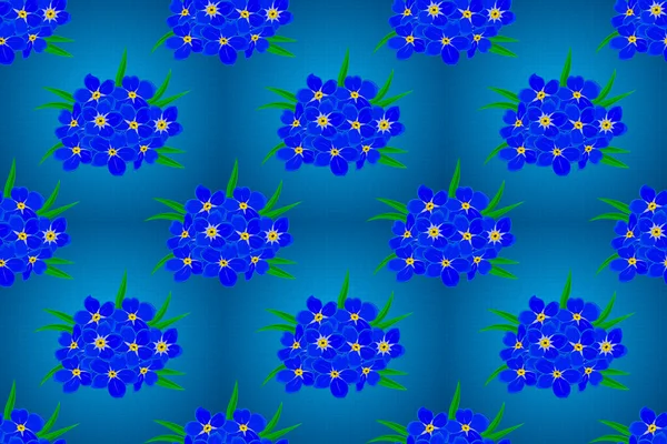 Beautiful raster pattern for decoration and design. Seamless pattern with forget-me-not flowers in blue, green and yellow colors. Vintage style trendy print. Exquisite pattern of forget-me-not flowers