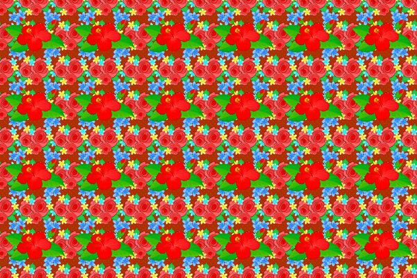 Raster illustration. Abstract elegance seamless pattern with floral motifs in green, orange and red colors. Decorative hibiscus flowers repeating pattern.