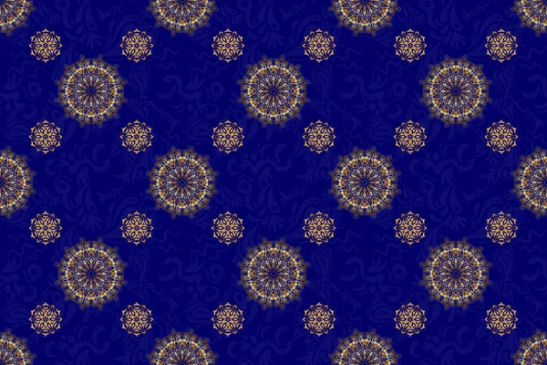 Padrão Sem Costura Raster Fundo Azul Com Ornamento Vintage Dourado — Fotografia de Stock