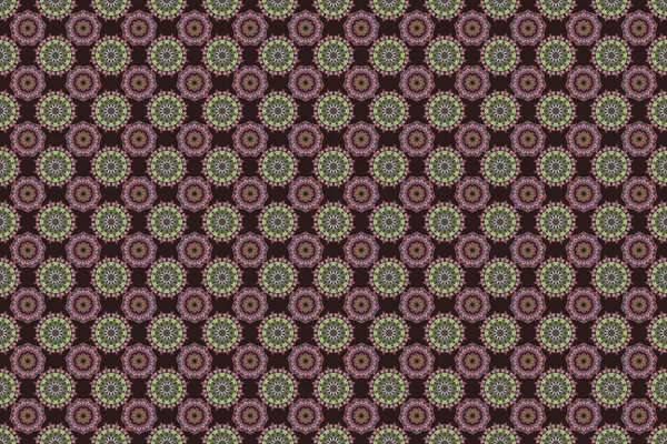 Vintage design with multicolor ornaments. Abstract raster seamless pattern with multicolored ornaments on a brown backdrop.