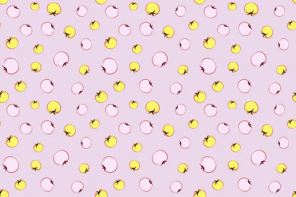 トマトとデザインのための絶妙なパターン ピンク 黄色のトマトとシームレスな水彩パターン トレンディーな印刷 ヴィンテージ レトロ 美しい模様 — ストック写真
