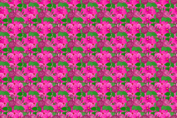 Raster Ros Blommor Sömlös Mönster Handmålad Illustration Grönt Magenta Och — Stockfoto