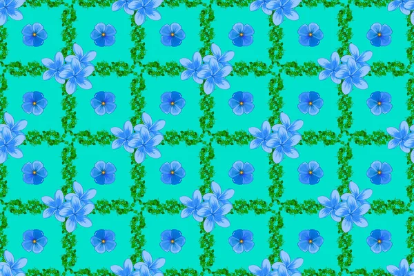 蓝色背景上可爱的花纹 拉斯特插图 明亮美丽的宇宙花朵无缝背景 — 图库照片