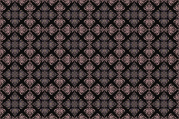 Seamless pattern in Eastern style with violet, pink and beige elements. Raster sketch for cards, thank you message, printing. Vintage seamless grid for design template on a black background.