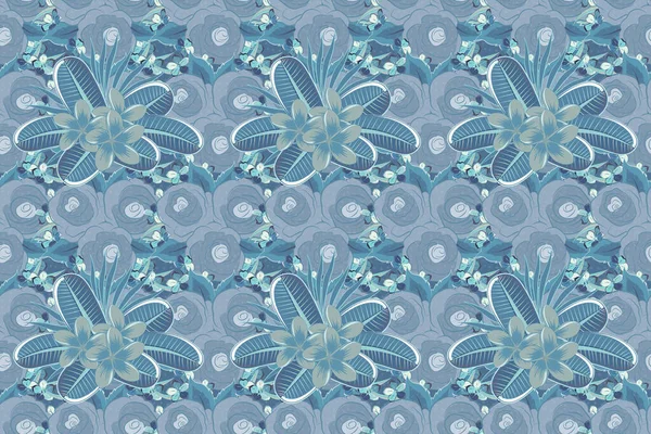 Stock Raster Illustration Seamless Pattern Abstrat Plumeria Flowers Blue Colors — Stock Photo, Image