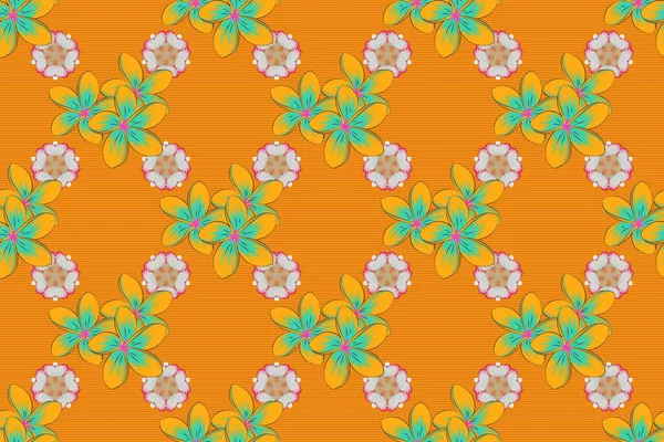 Floral print. Modern motley floral seamless pattern in orange, yellow and green colors. Repeating raster plumeria flowers pattern.