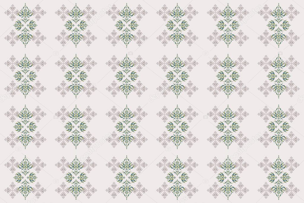 Rope seamless tied fishnet damask pattern in gray and green colors. Raster wallpaper.