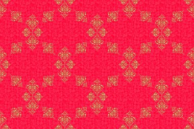 Duvar kağıdı, sunum, tasarım, tekstil için. Raster illüstrasyonu. Kırmızı arkaplanda altın rengi elementlerin kusursuz raster görüntüsü.