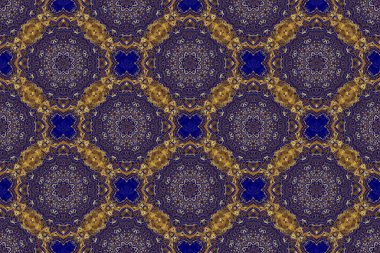 Klasik dikişsiz çiçek deseni. Kumaş, tekstil, iç dekorasyon. Mavi arkaplanda el yapımı altın elementler.