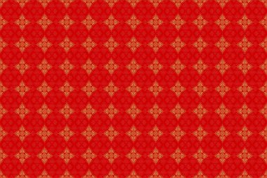 Çiçekli altın elementlerle doğu tarzında kusursuz bir desen. Kartlar için Raster eskizi, teşekkür mesajı, baskı. Kırmızı arkaplanda tasarım şablonu için klasik dikişsiz sınır ve ızgara.