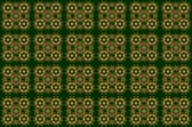 Kumaş, tekstil, iç dekorasyon. Klasik dikişsiz çiçek deseni. Yeşil arka planda el yapımı altın elementler.