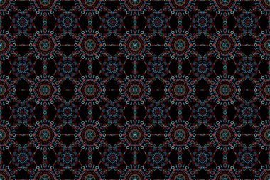 Siyah arka planda kusursuz mavi ve kırmızı süs deseni. Halılar, tekstil, duvar kağıtları ve herhangi bir yüzey için şablonlar. Doğulu, süslü.