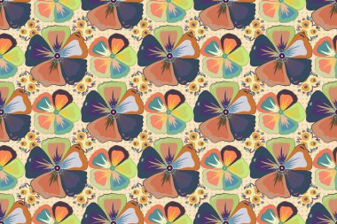 Dekorasyon ve tasarım için güzel bir raster deseni. Kozmos çiçeklerinin zarif deseni. Eski tarz moda baskı. Kozmos çiçekleri mavi, bej ve turuncu renklerde sulu boya deseni.