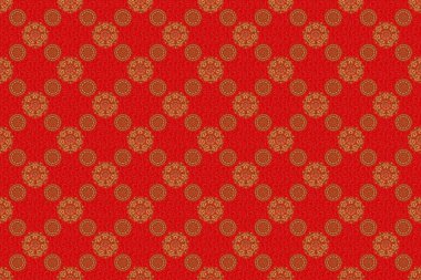 Eski bir çiçek süsü. Kırmızı zemin üzerinde altın elementler olan soyut klasik kusursuz desen.