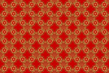 Kırmızı arka planda altın tekrarlayan elementlerle kusursuz soyut desen. Kırmızı ve altın desenli. Oriental raster klasik desen.