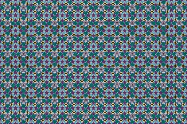 Barok tarzında kusursuz desenli doğu süsü. Geleneksel klasik raster deseni mavi, yeşil ve gri renkte. Damask tasarımı.