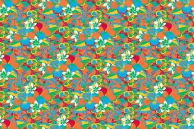 Soyut raster arka planı. Çiçeksiz desenli, çiçek açan çiçek desenli yeşil, turuncu ve mavi yapraklı. Engelli çiçekli şık duvar kağıtları.