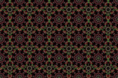 Raster illüstrasyonu. Çiçeklerin tekrarlanması kolay, kusursuz desenli, hatları doldurmak için kullanılır. Yeşil, pembe ve bej renkli çizim.