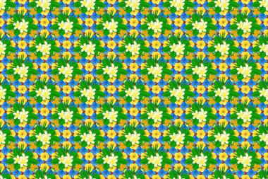 Sarı, mavi ve yeşil renkli renkler. Kraliyet tesisatlarıyla modern tesisat desenli çiçek deseni. Kusursuz çiçek süsü..