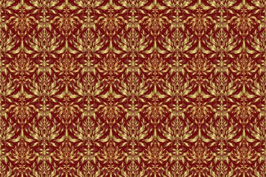 Damask zarif duvar kağıdı. Kırmızı arka planda pürüzsüz bir iz var. Kırmızı ve altın renkli klasik tasarım.